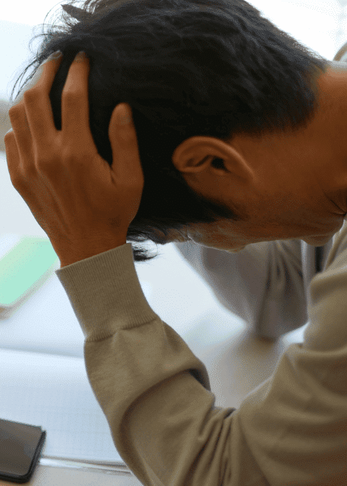Man sitting with head in hands experiencing thought-related & cognitive symptoms