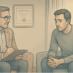 A man in therapy speaking with a therapist taking notes