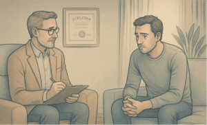 A man in therapy speaking with a therapist taking notes