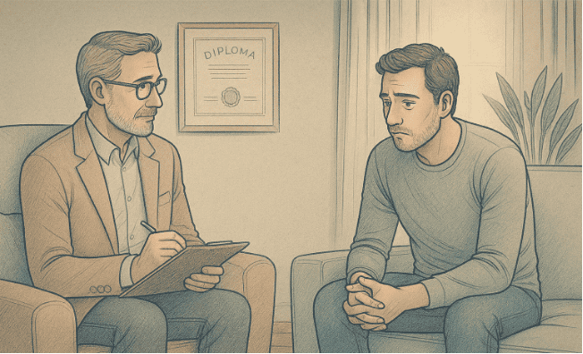 A man in therapy speaking with a therapist taking notes