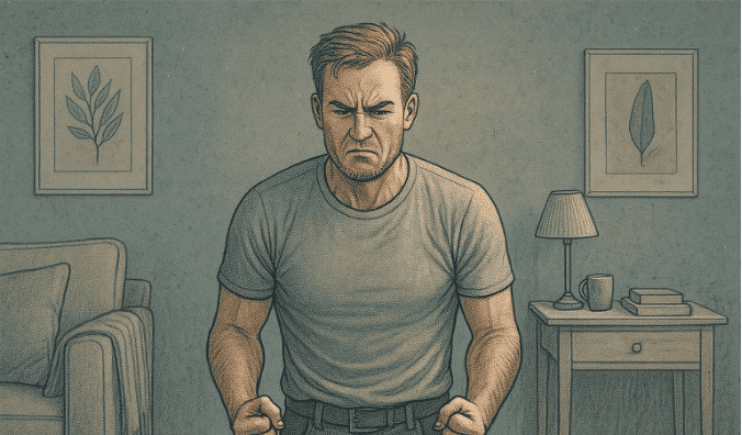 An illustration of a frustrated man showing signs of anger and stress, representing how men often express mental health struggles through irritability.
