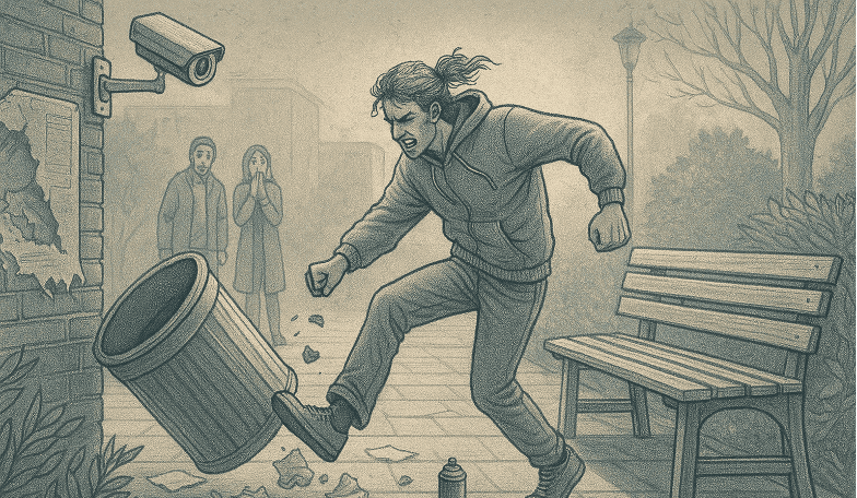 Illustration of a person aggressively kicking over a trash can in a public area with a park bench, while two bystanders watch in the background and a security camera is visible on a building.