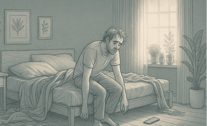 A tired man struggling to get out of bed, representing the exhaustion and sleep disruptions common in mental health crises.