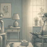 An illustration of a thoughtful adult in conversation with a mental health professional, representing the journey toward understanding behavioral patterns.