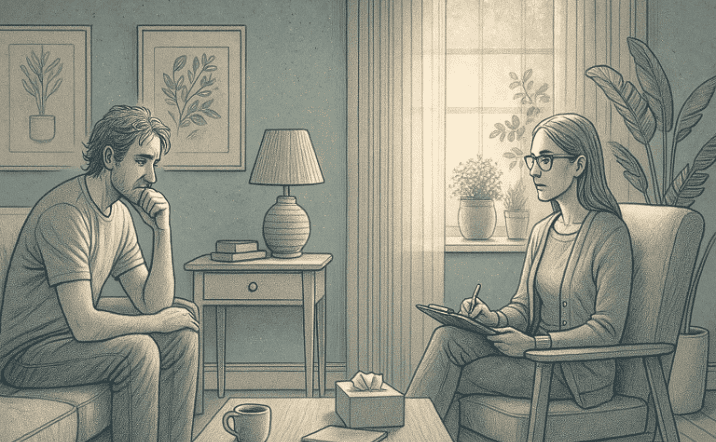 An illustration of a thoughtful adult in conversation with a mental health professional, representing the journey toward understanding behavioral patterns.