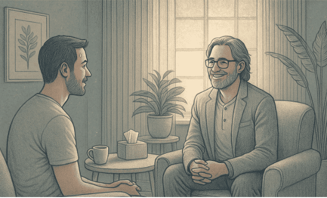 An illustration representing the therapeutic relationship in humanistic therapy, showing connection, acceptance, and understanding between therapist and client.