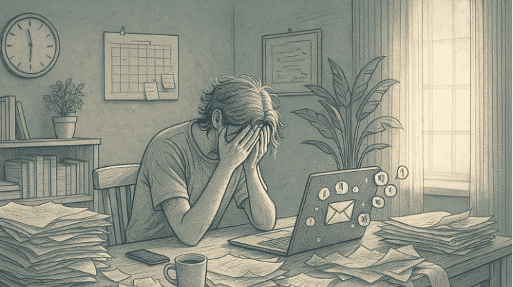An illustration of a stressed person covering face at a cluttered desk with a laptop showing notifications, surrounded by papers and documents in an office setting.