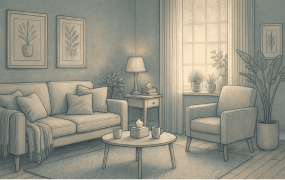 A comfortable, welcoming therapy room representing the non-judgmental, accepting environment of humanistic therapy.