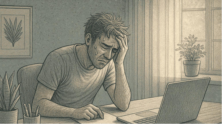 An illustration of a stressed person sitting at a desk with head resting on his hand, working on a laptop and paper.