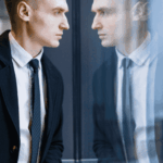 Man looking at himself in the window struggling with excessive self-criticism in adults