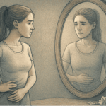 An illustration of a concerned woman looking at herself in a mirror, representing the body image struggles associated with bulimia nervosa.