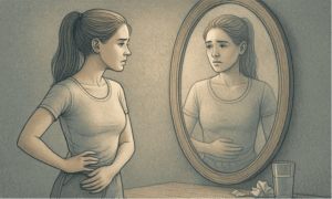 An illustration of a concerned woman looking at herself in a mirror, representing the body image struggles associated with bulimia nervosa.