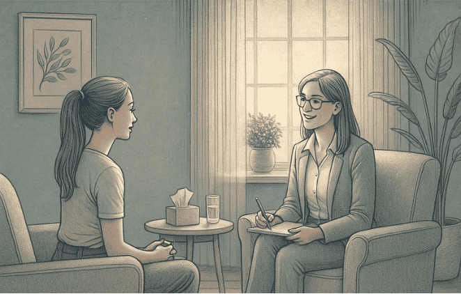 A peaceful therapy setting with a therapist and client engaged in conversation, representing the supportive relationship at the heart of humanistic therapy.