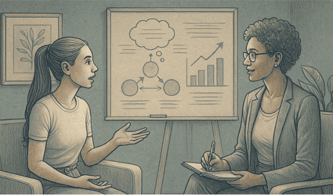 An illustration of someone participating in a therapy session, actively engaged in developing new insights and skills.