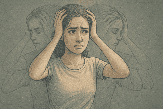 A person with a thoughtful expression, hands on their head, representing the confusion and partial awareness that often precedes full recognition of alters in DID