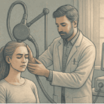 A person receiving TMS therapy with the magnetic coil positioned on their head, representing the noninvasive nature of this treatment for anxiety.