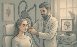 A person receiving TMS therapy with the magnetic coil positioned on their head, representing the noninvasive nature of this treatment for anxiety.