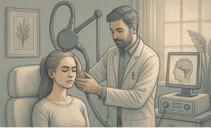 A person receiving TMS therapy with the magnetic coil positioned on their head, representing the noninvasive nature of this treatment for anxiety.