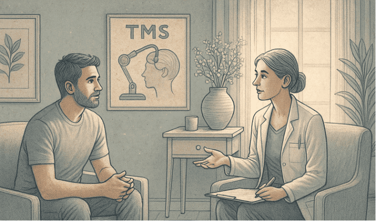 Illustration of a male patient in consultation with a female doctor in white coat in a clinical office setting, with a TMS (Transcranial Magnetic Stimulation) educational poster on the wall.