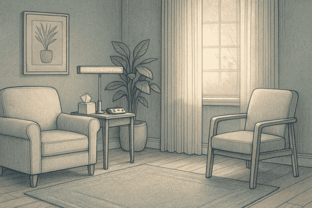 A calm, professional therapy space representing the safe environment where EMDR therapy takes place.