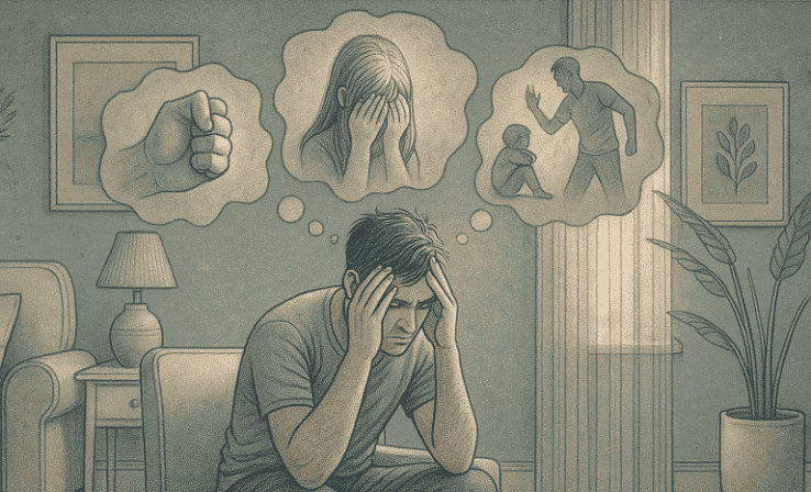 An illustration of a person sitting in distress with thought bubbles depicting trauma, anger, and domestic conflict.