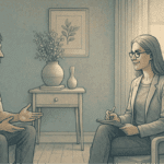 An illustration of a person sitting comfortably in a therapy session, engaged in a genuine conversation with a therapist who listens with full presence and acceptance, representing the core of humanistic therapy.