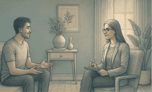 An illustration of a person sitting comfortably in a therapy session, engaged in a genuine conversation with a therapist who listens with full presence and acceptance, representing the core of humanistic therapy.