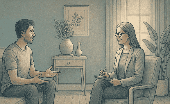 An illustration of a person sitting comfortably in a therapy session, engaged in a genuine conversation with a therapist who listens with full presence and acceptance, representing the core of humanistic therapy.