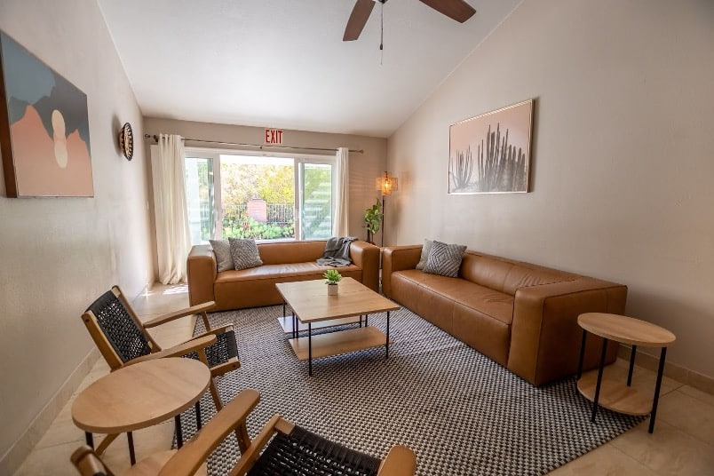 Modern living room brown leather sofas | Mission Connection