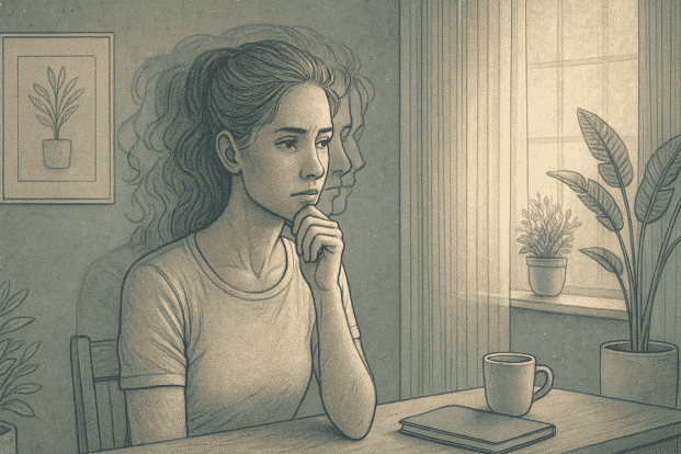 A person looking thoughtful and introspective, representing the complex internal experience of living with dissociative identity disorder.