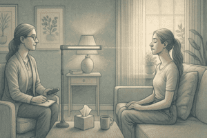 A person in a calm therapy setting, representing the healing process of EMDR therapy for depression.