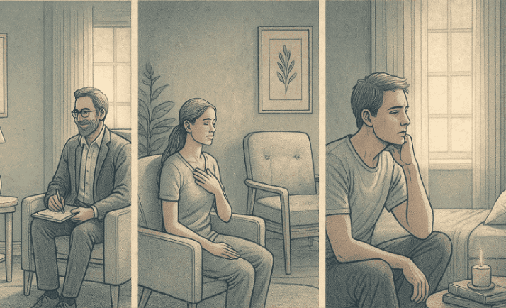 An illustration showing three scenes: a therapist offering accepting presence, a person engaged in experiential gestalt work with empty chairs, and someone in contemplative exploration of life's meaning.
