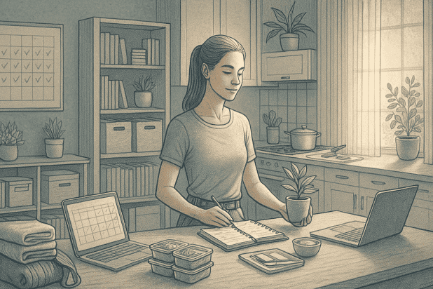 An illustration of a woman writing in a notebook at a table with a laptop, tablet calendar, meal prep containers, and coffee, in an organized kitchen with plants and natural light.
