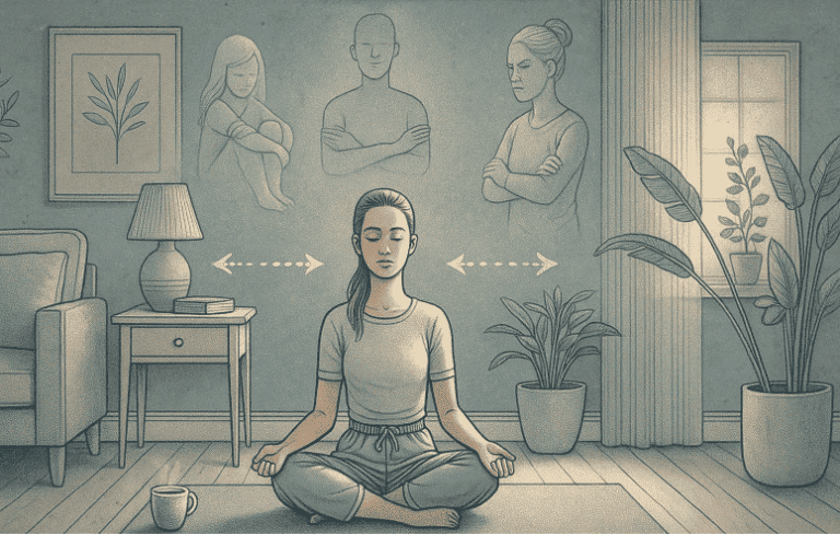 An illustration of a person in a peaceful therapy setting, surrounded by gentle imagery representing different aspects of self, symbolizing the internal harmony sought through IFS therapy.