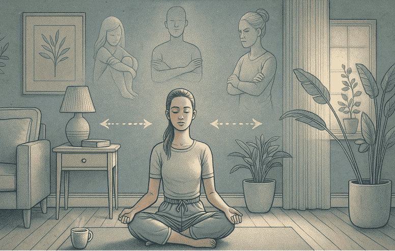 An illustration of a person in a peaceful therapy setting, surrounded by gentle imagery representing different aspects of self, symbolizing the internal harmony sought through IFS therapy.
