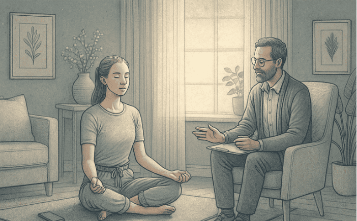 An illustration of a person in therapy, eyes closed peacefully, with a therapist nearby offering gentle guidance, representing the safe space for internal exploration.