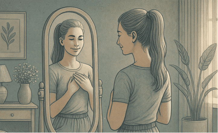 An illustration of a person looking into a mirror with a gentle, accepting expression, symbolizing the self-compassion developed through humanistic therapy.