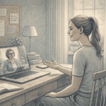 Person sitting comfortably at home during a virtual PTSD therapy session, engaging with a therapist via laptop video call.