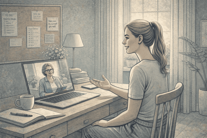 Person sitting comfortably at home during a virtual PTSD therapy session, engaging with a therapist via laptop video call.