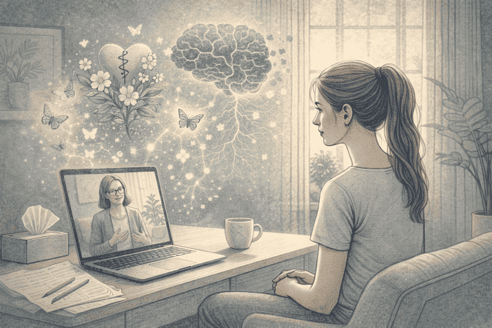 Client participating in virtual trauma therapy session, appearing calm and engaged while processing emotions through telehealth.