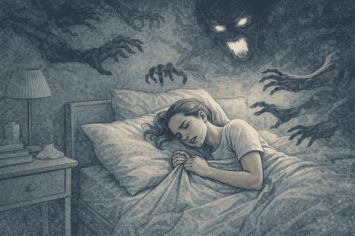 Woman in bed experiencing PTSD nightmares, with dark, shadowy figures hovering above representing traumatic, intrusive thoughts.
