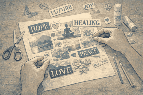 An illustration of hands arranging cut-out images and words on a piece of paper to create a collage.