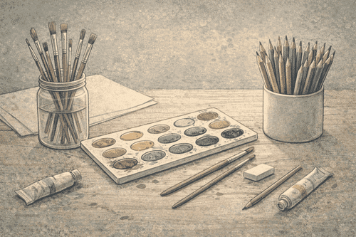 An illustration of art supplies, including paintbrushes, colored pencils, and a palette arranged on a wooden table.