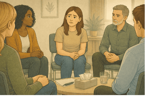 Diverse group of adults participating inan  intensive outpatient group therapy session, seated in a circle formation for peer support and skills training.