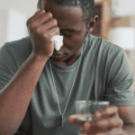 veteran sitting with hand on head holding glass of water worrying about using TRICARE mental health coverage