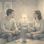 An illustration of two people sitting on a couch having a calm, supportive conversation in a living room setting.