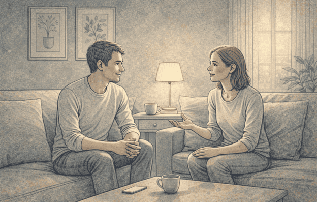 An illustration of two people sitting on a couch having a calm, supportive conversation in a living room setting.