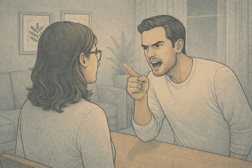 Man experiencing an IED explosive episode with intense verbal aggression directed at another person.