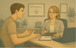 Patient consulting with insurance representative about Cigna mental health therapy coverage and benefits.