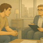 Young man engaged in a one-on-one therapy session with a mental health professional, discussing psychosis treatment in a calm, supportive clinical setting.